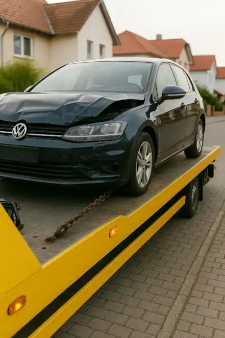Ein defektes Auto wird zum Autoankauf in Celle abgeschleppt, wo es auch in seinem Zustand einen attraktiven Wert erhält.
